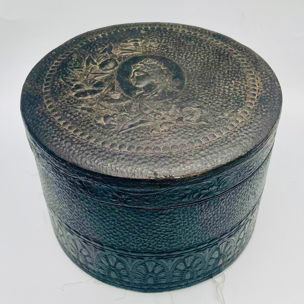 Antique Round Leather Collar Box Embossed Cameo Portrait Black